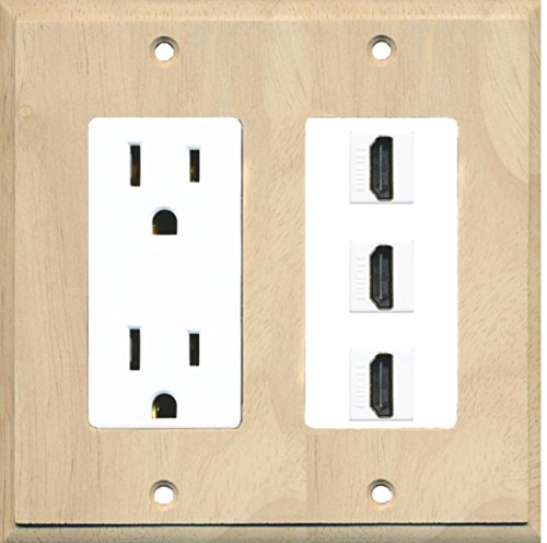 RiteAV - 15 Amp Power Outlet 3 Port HDMI Decorative Wall Plate - Wood/White