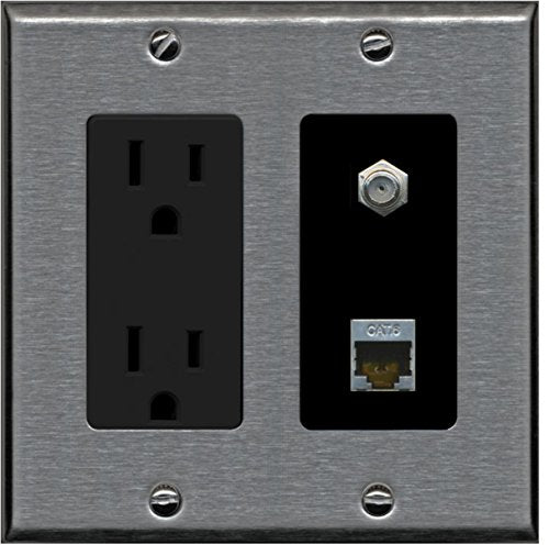 RiteAV - 15 Amp Power Outlet 1 Port Coax Cable TV- F-Type and Shielded Cat6 Ethernet Wall Plate - Stainless/Black