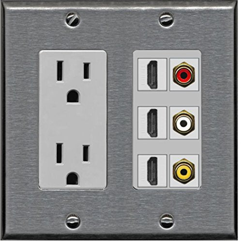 RiteAV - 2 x 15 Amp 125V Power Outlet 3 x HDMI and 3 x RCA Port Wall Plate - Stainless Steel/Gray