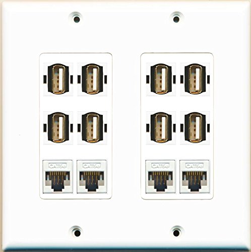 RiteAV 4 Cat5e and 8 USB A-A Wall Plate Decorative Type Dual Gang White