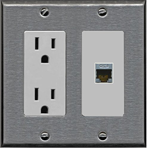 RiteAV - 15 Amp Power Outlet and 1 Port Shielded Cat6 Ethernet Decorative Type Wall Plate - Stainless/Gray