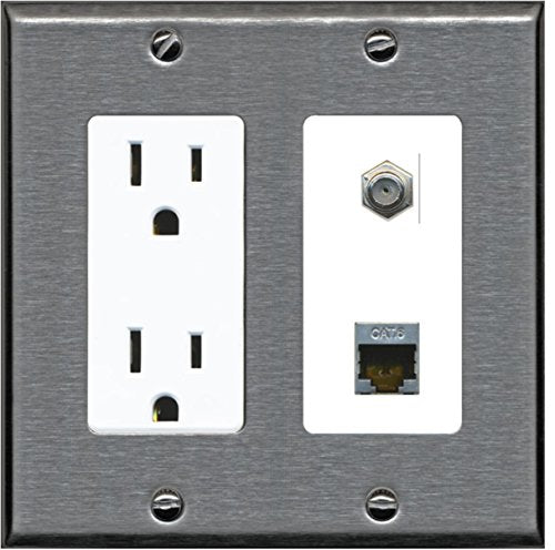 RiteAV - 15 Amp Power Outlet 1 Port Coax Cable TV- F-Type and Shielded Cat6 Ethernet Wall Plate - Stainless Steel/White