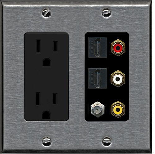RiteAV - 2 x 15 Amp 125V Power Outlet 3 x RCA - 2 X HDMI and 1 x Coax Cable TV Port Wall Plate - Stainless/Black