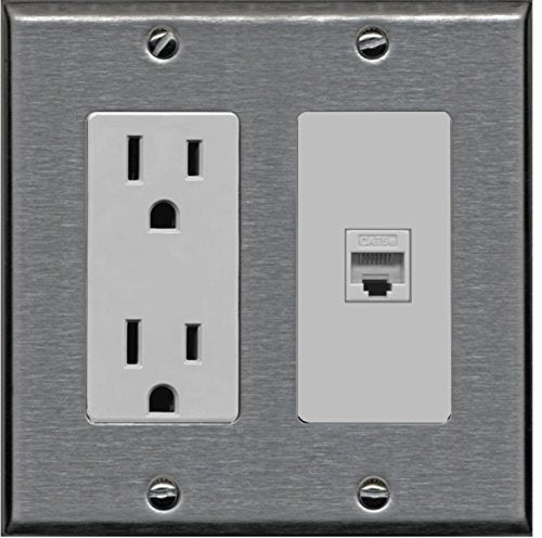 RiteAV - 15 Amp Power Outlet and 1 Port Cat5e Ethernet Decorative Type Wall Plate - Stainless Steel/Gray