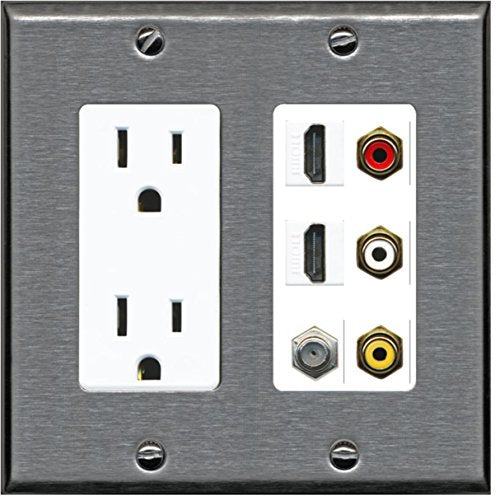 RiteAV - 2 x 15 Amp 125V Power Outlet 3 x RCA - 2 X HDMI and 1 x Coax Cable TV Port Wall Plate - Stainless Steel/White