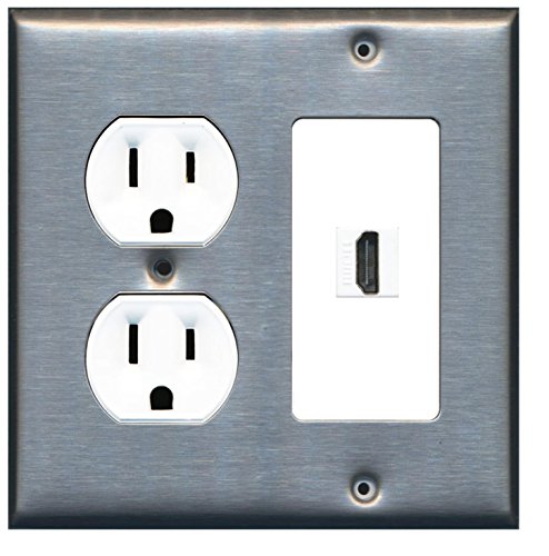 RiteAV (2 Gang Decorative) 15 Amp Round Power Outlet HDMI TV Wall Plate - Stainless Steel/White