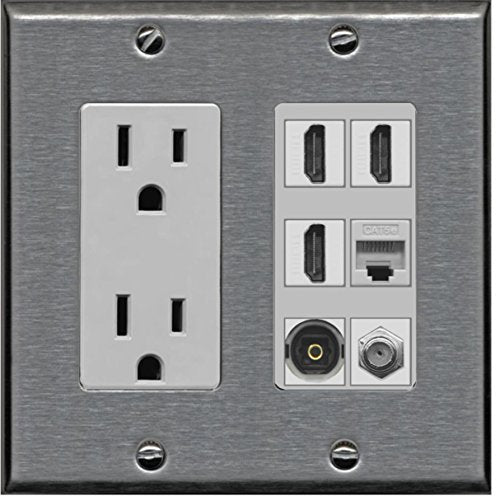 RiteAV Power Outlet 3 HDMI Coax Cat5e Toslink Wall Plate - Stainless Steel/Gray