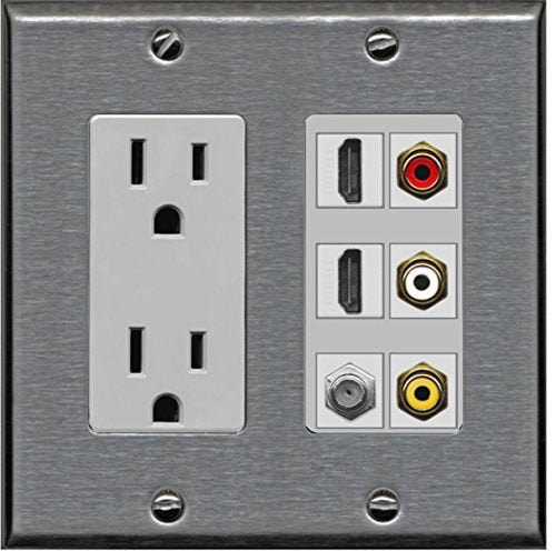 RiteAV - 2 x 15 Amp 125V Power Outlet 3 x RCA - 2 X HDMI and 1 x Coax Cable TV Port Wall Plate - Stainless/Gray