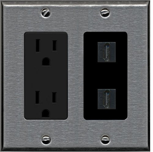 RiteAV - 15 Amp Power Outlet 2 Port HDMI Decorative Wall Plate - Stainless/Black