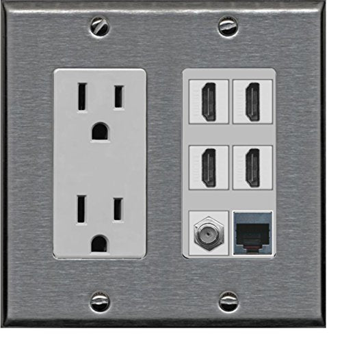 RiteAV 15A Power Outlet, 4 HDMI, 1 Cat5e Ethernet, 1 Coax Cable TV Wall Plate - Stainless/Gray