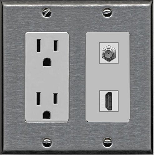 RiteAV - 15 Amp Power Outlet and 1 Port HDMI Coax Cable TV- F-Type Decorative Wall Plate - Stainless Steel/Gray