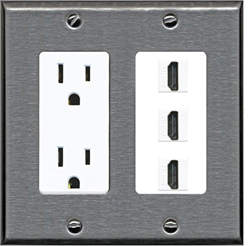 RiteAV - 15 Amp Power Outlet 3 Port HDMI Decorative Wall Plate - Stainless Steel/White