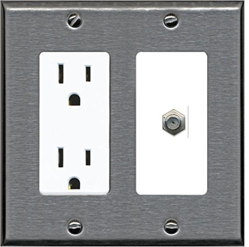 RiteAV - 15 Amp Power Outlet and 1 Port Coax Cable TV- F-Type Decorative Type Wall Plate - Stainless Steel/White