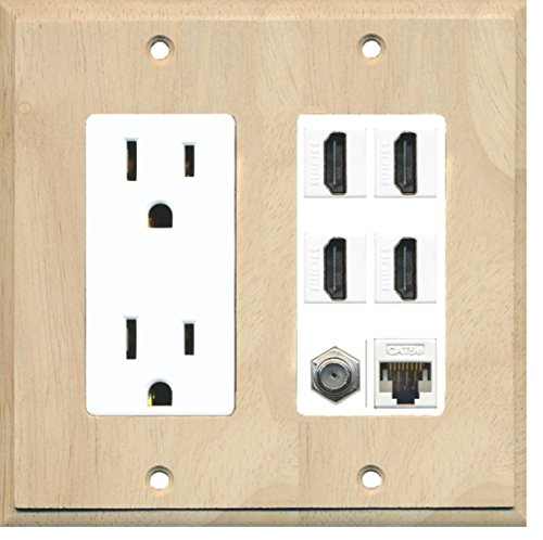 RiteAV 15A Power Outlet, 4 HDMI, 1 Cat5e Ethernet, 1 Coax Cable TV Wall Plate - Wood/White