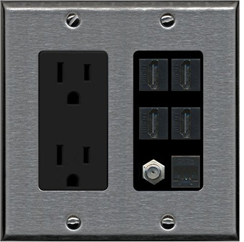 RiteAV 15A Power Outlet, 4 HDMI, 1 Cat5e Ethernet, 1 Coax Cable TV Wall Plate - Stainless/Black