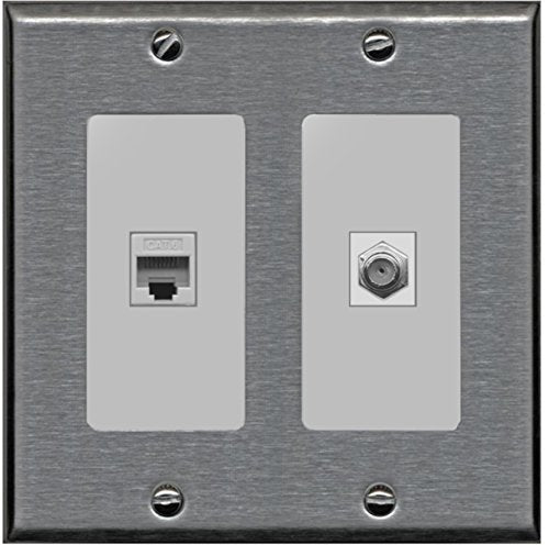 RiteAV - 1 Port Coax Cable TV- F-Type 1 Port Cat6 Ethernet Dual Gang Wall Plate - Stainless Steel/Gray