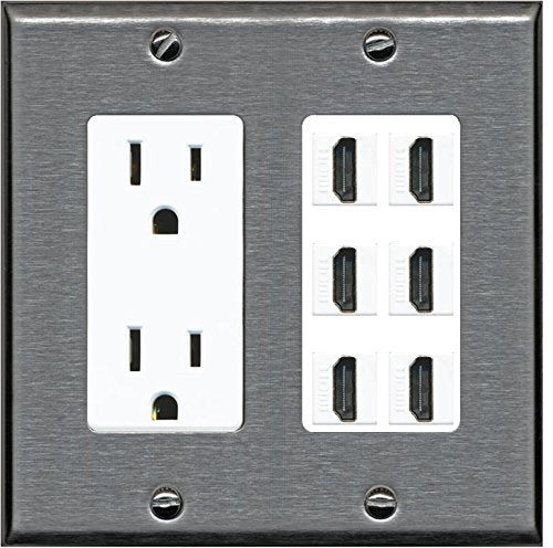 RiteAV - (2 Gang Decorative) 15A Power Outlet 6 HDMI Wall Plate Stainless Steel on White