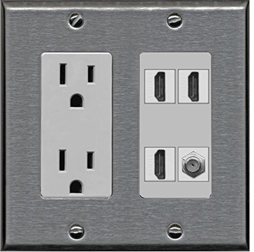 RiteAV Power Outlet 3 HDMI White Coax Wall Plate - Stainless Steel/Gray