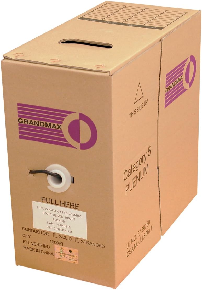 GRANDMAX CAT5e 350MHz Plenum Solid Ethernet PVC Bulk Cable, 1000ft, Wire UTP Pull Box, CMP Rated, 100% Copper, 4 Pair, 24 AWG/ 1000FT/ Black