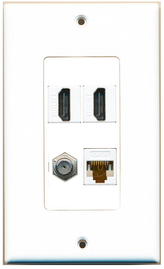 RiteAV - 2 Port HDMI 1 Port Coax Cable TV- F-Type 1 Port Cat6 Ethernet White Decorative Wall Plate