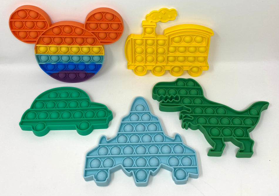 Fidget Silicone Sensory Toy Cool Shapes Multi-Pack (Dinosaur, Mouse-shaped Head, Car, Train and Fighter Jet)