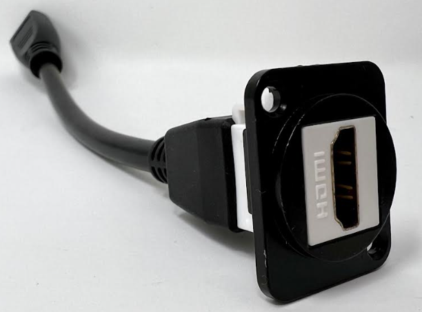 HDMI D Series Chassis Panel Mount Connector Pass Through Solderless Bulkhead Coupler, Black Metal Housing/White HDMI Pigtail