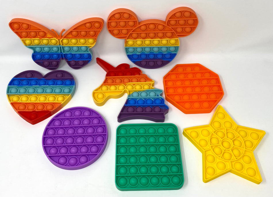Fidget Silicone Sensory Toy Solid and Rainbow-Colored Shapes Multi-Pack (Octagon, Square, Circle, Star, Heart, Mouse-shaped Head, Unicorn-shaped  Head and Butterfly)