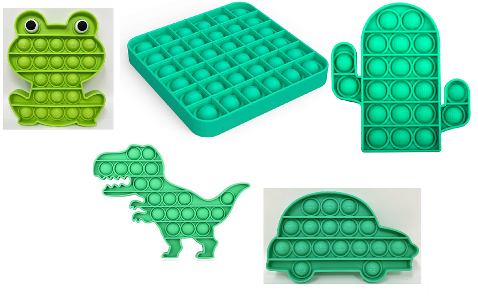 Fidget Silicone Sensory Toy Green Shapes Multi-Pack (Square, Dinosaur, Frog, Car and Cactus)