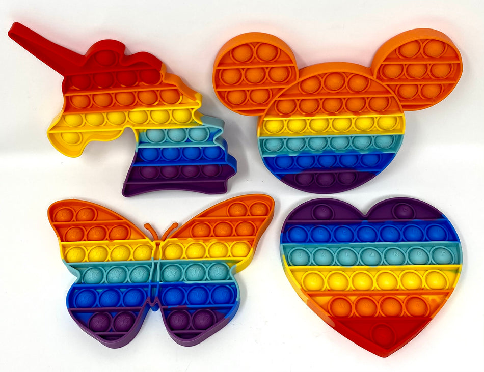 Fidget Silicone Sensory Toy Rainbow-Colored Shapes Multi-Pack (Heart, Unicorn-shaped Head, Mouse-shaped Head and Butterfly)