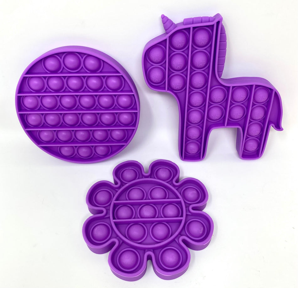 Fidget Silicone Sensory Toy Purple Shapes Multi-Pack (Circle, Unicorn and Flower)