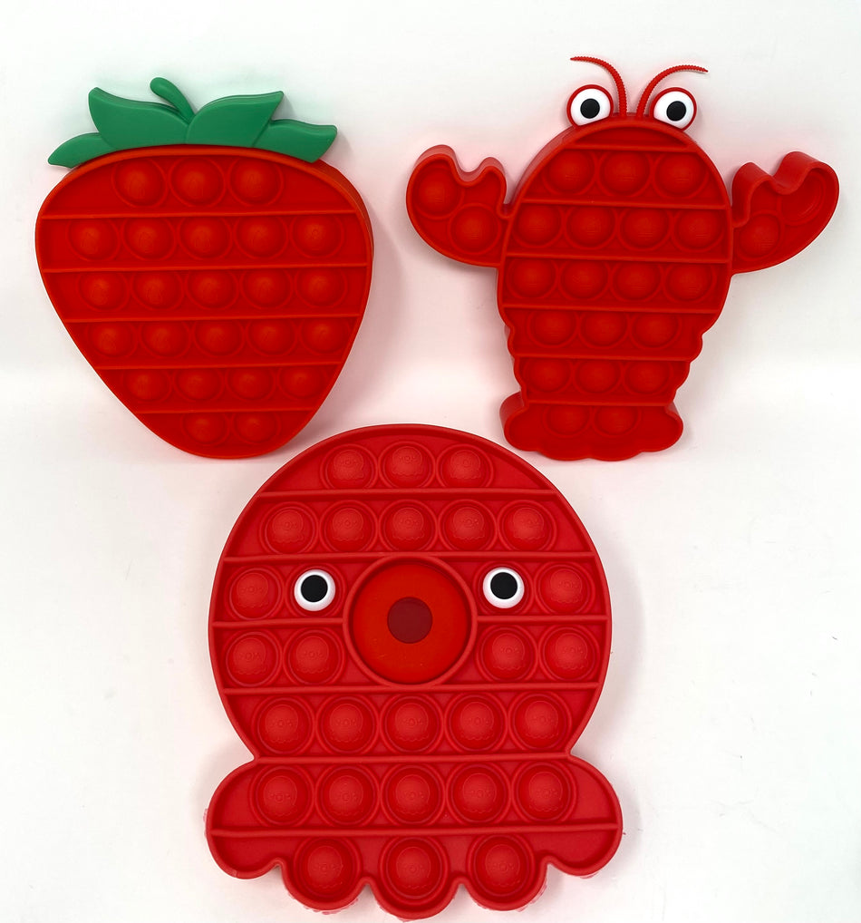 Fidget Silicone Sensory Toy Red Shapes Multi-Pack (Lobster, Octopus and Strawberry)
