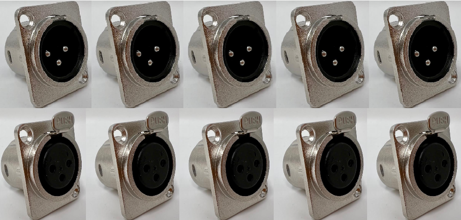 XLR 3 Pole Male and Female (5 each) D Series Heavy Duty Chassis Panel Mount Connector Bulkhead Coupler Pack, Silver Metal Housing/Solder Contacts on back (10 Pack/5 of each type)